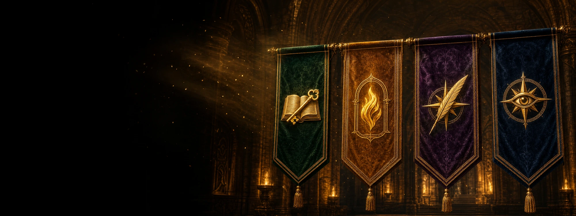 Four glowing gold guild emblems on velvet banners — Ledger, Hearth, Lumen, and Compass — lit by torchlight